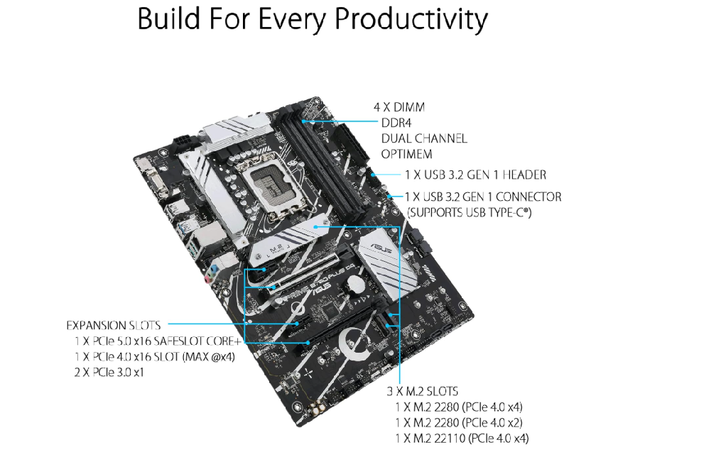 ASUS Prime B760-PLUS D4 Gaming Motherboard Socket Intel LGA 1700 (Intel B760, ATX, DDR4 Memory, PCIe 5.0, 3x PCIe 4.0 M.2, Thunderbolt 4, Aura Sync)